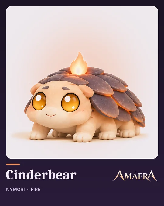 Cinderbear, a six-legged bear cub under ember-edged plates with a small flame on top