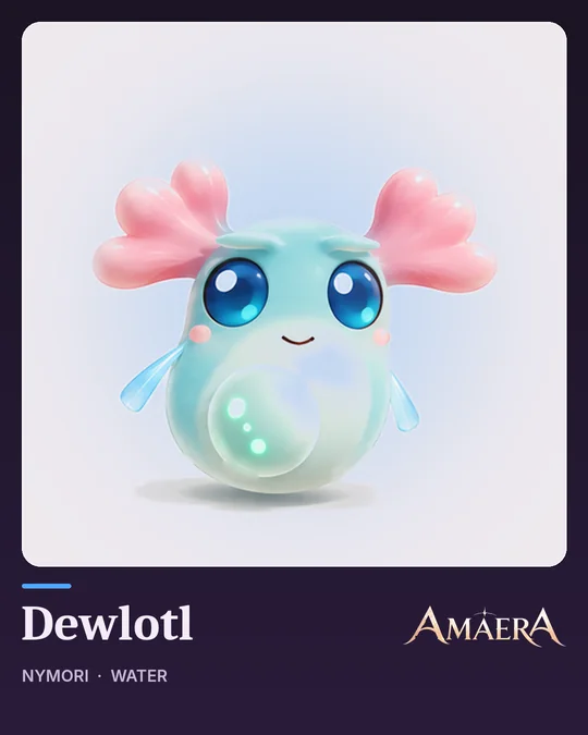 Dewlotl, a round, jelly-like blue axolotl with pink gills and a glowing belly orb