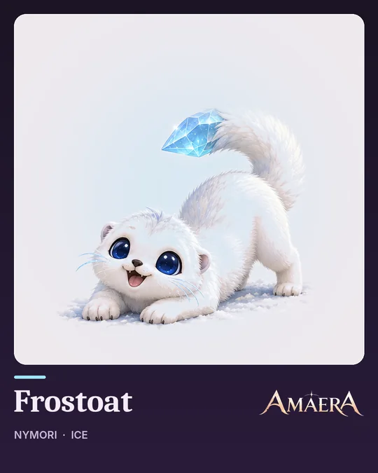 Frostoat, a white stoat mid-pounce with an ice-crystal tail tip
