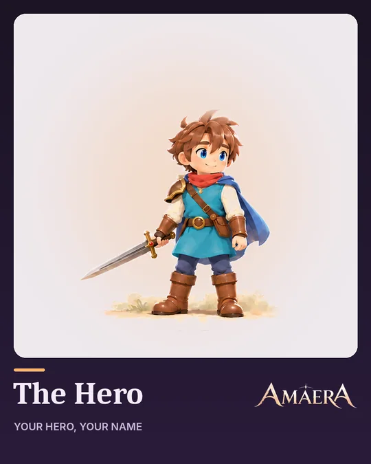 The hero (he): brown hair, teal tunic, red scarf, blue cape and a short sword