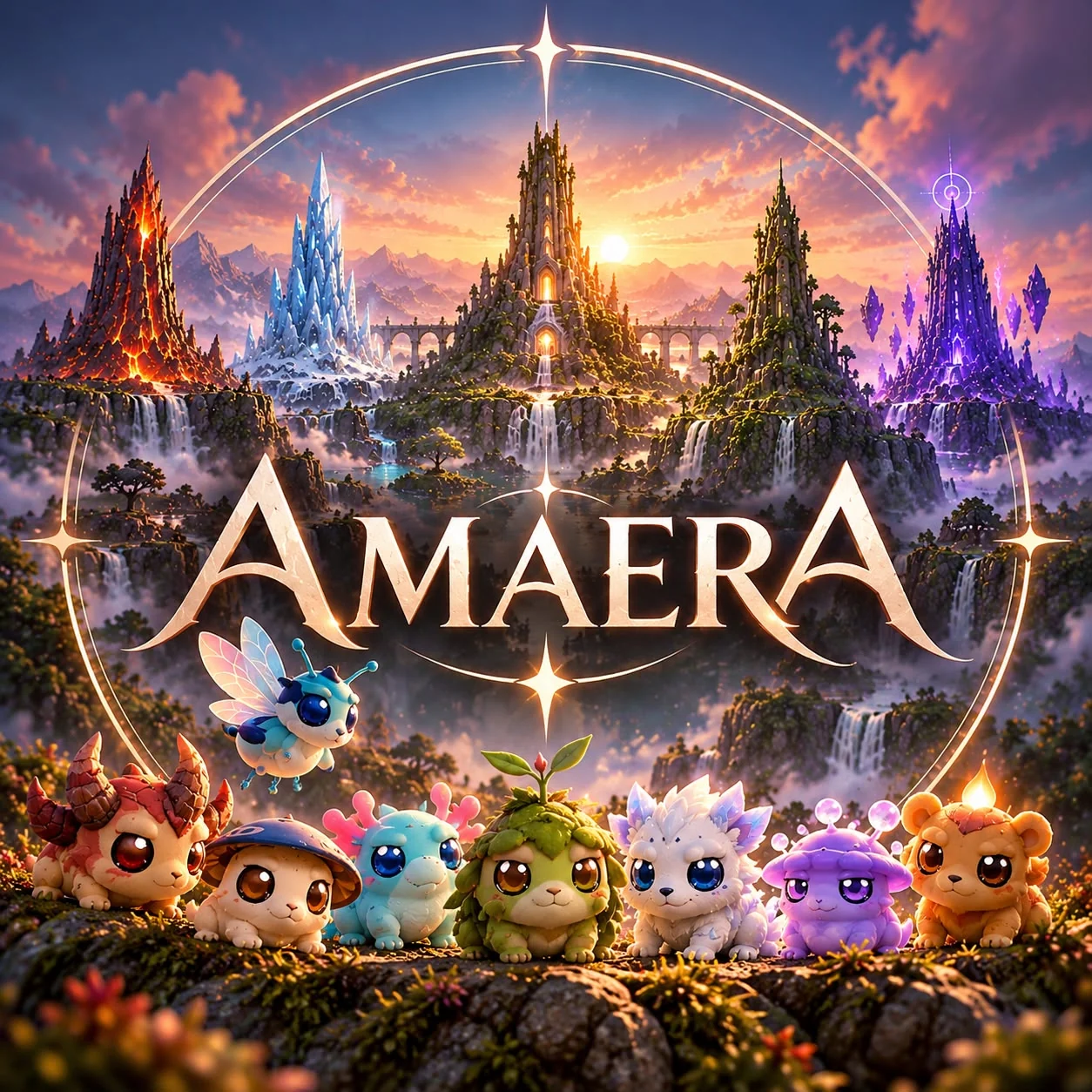 Amaera key art: towers of fire, ice, earth and crystal above a misty valley, with a row of Nymori in front