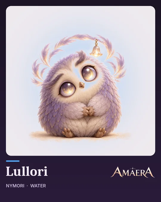 Lullori, a round lavender owl beneath a softly glowing moon-bell