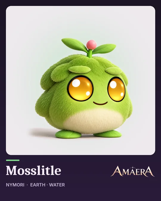 Mosslitle, a round mossy creature with big amber eyes and a sprout on its head