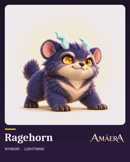Ragehorn, a shaggy indigo cub with crackling ice-cyan horns