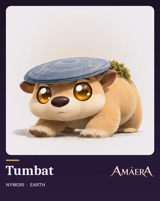 Tumbat, a stocky wombat wearing a flat river-stone cap with a moss tuft