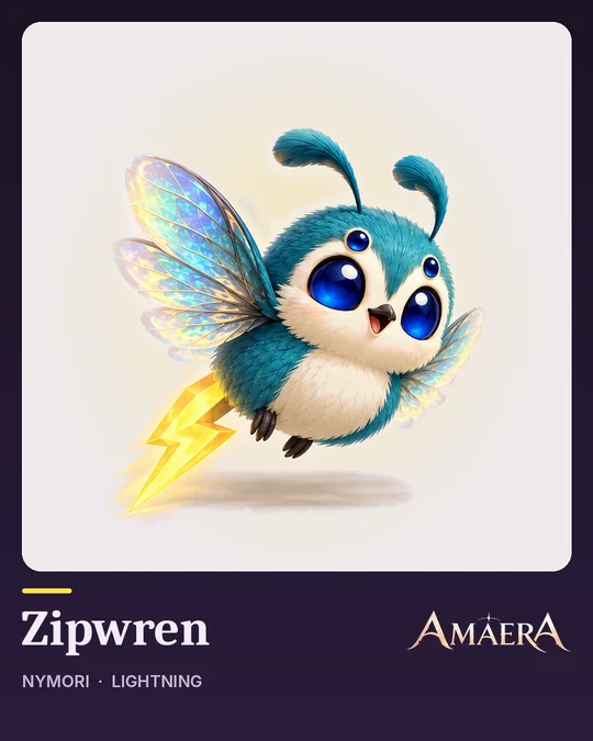 Zipwren, a fluffy teal flier with four eyes, shimmering wings and a lightning-bolt tail